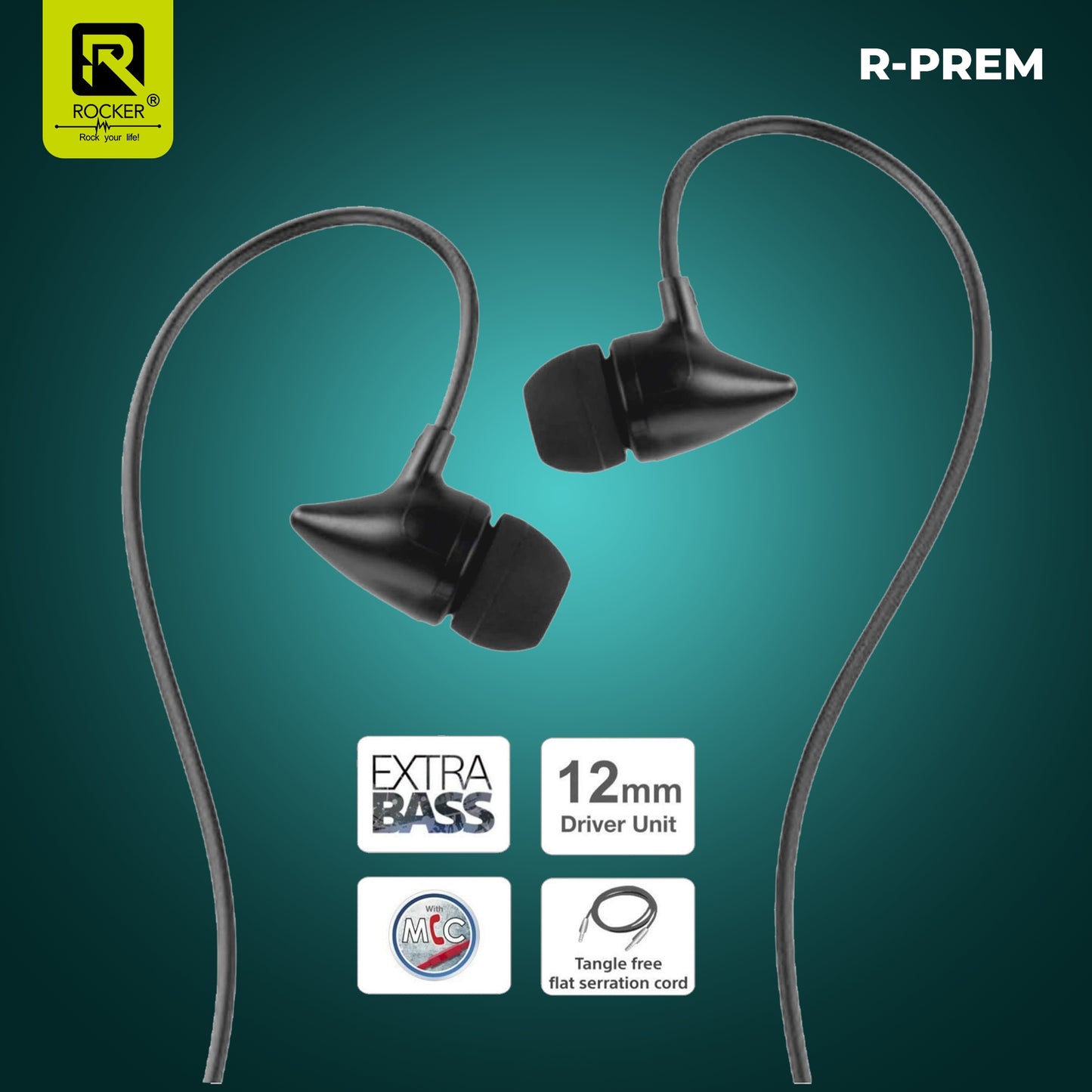 Rocker PREM Wired Earphones with Mic | Deep Bass Sound | Comfortable Fit | 3.5mm Jack Handsfree for Music and Calls