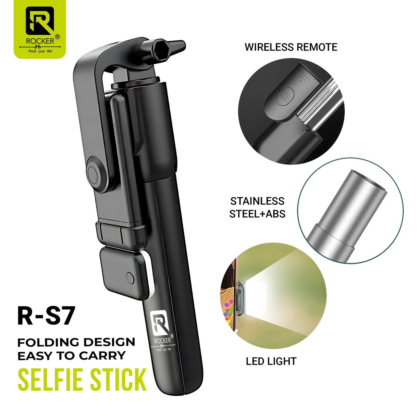 Rocker R-S7 Bluetooth Selfie Stick with Tripod & Remote – 360° Rotatable, Extendable & Foldable for Smartphones