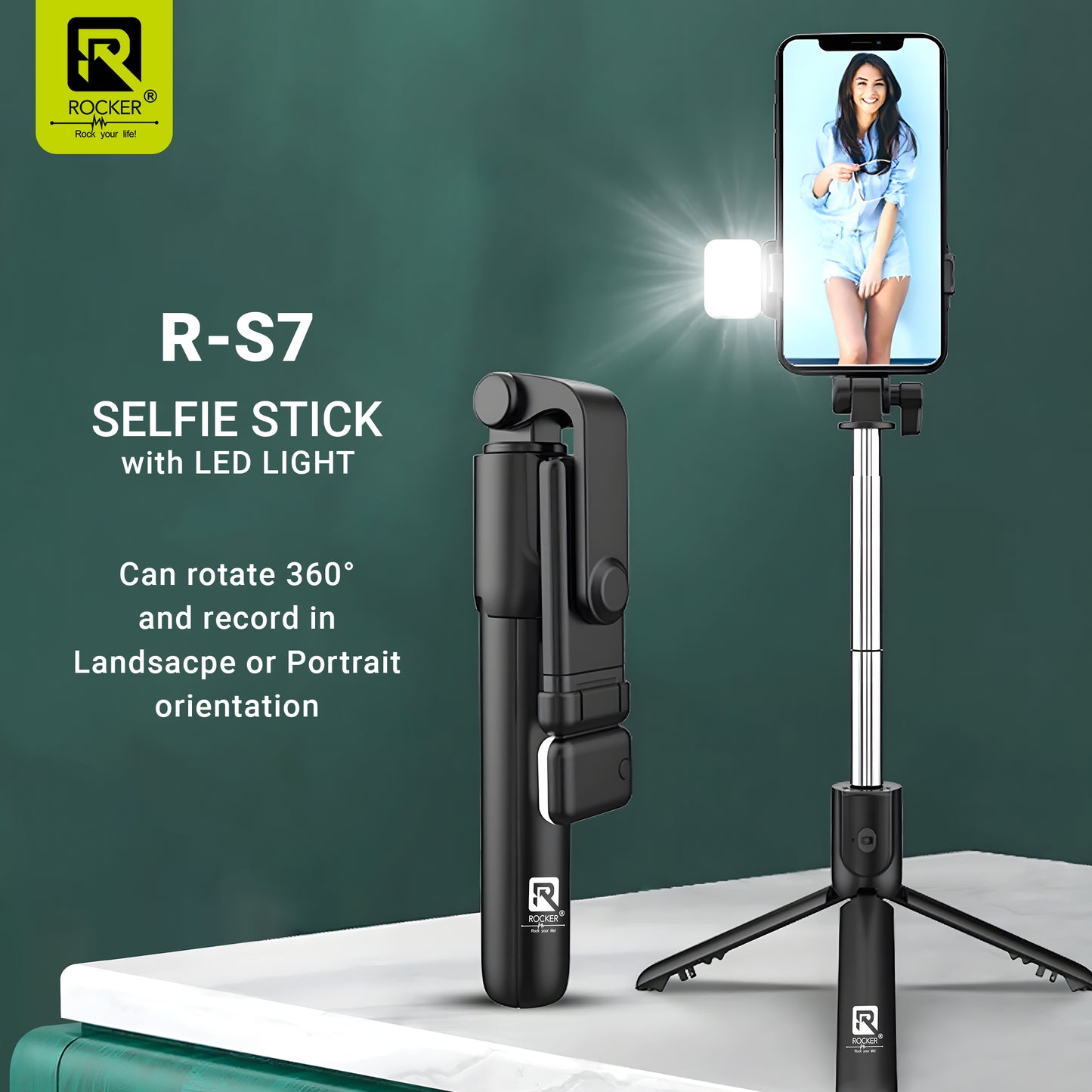 Rocker R-S7 Bluetooth Selfie Stick with Tripod & Remote – 360° Rotatable, Extendable & Foldable for Smartphones