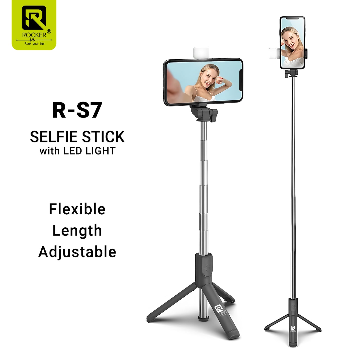 Rocker R-S7 Bluetooth Selfie Stick with Tripod & Remote – 360° Rotatable, Extendable & Foldable for Smartphones