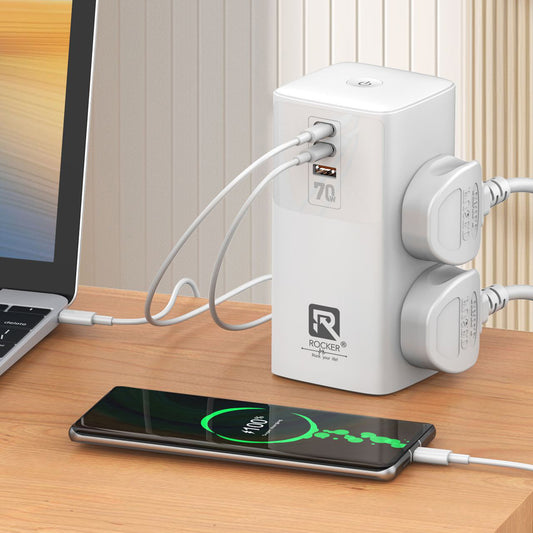 Rocker R-SC4383 Tower Power Plate 7 – 70W Super Fast Charging Extension Board with GaN Technology, 4 Universal Sockets, 2 Type-C Ports, USB Port, and Heavy-Duty 200CM Cord for Home & Office