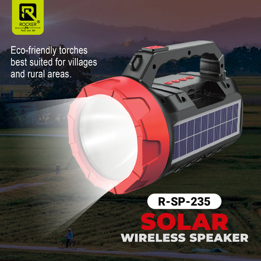 Rocker RSP-235 Solar Wireless Speaker with Torch | Portable Bluetooth Speaker for Outdoor, Camping & Farming - 5W Powerful Sound, 1200mAh Battery, USB/TF Card Support