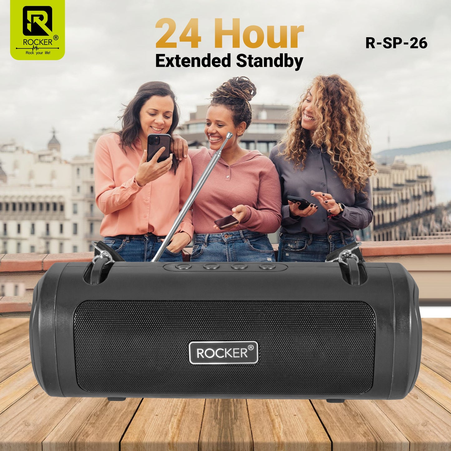 Rocker RSP-26 Bluetooth Wireless Speaker with 24-Hour Playtime, Fast Charging, TWS Function, USB, TF Card, FM Radio, and Solar Panel Charging - Portable Speaker for Indoor and Outdoor Use