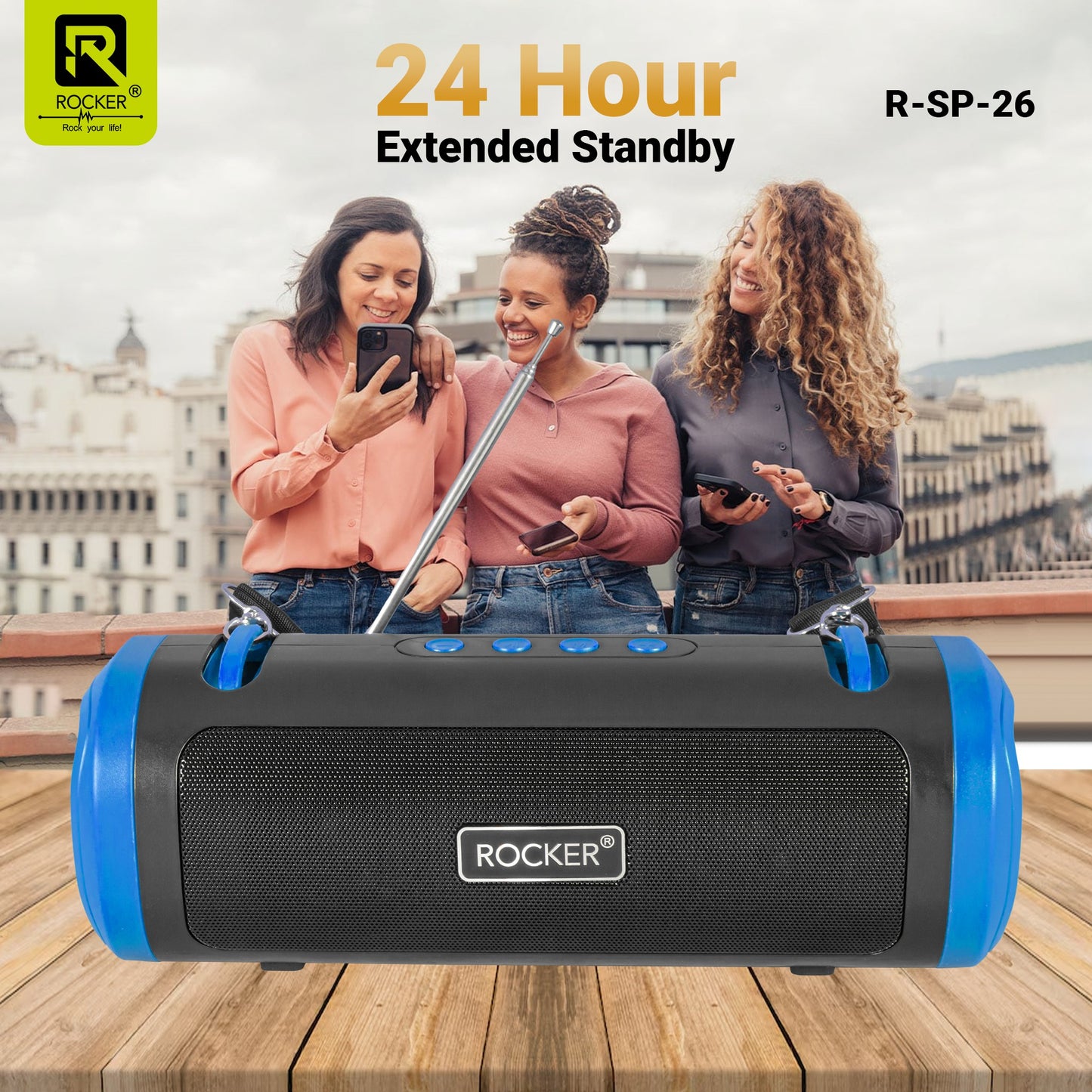 Rocker RSP-26 Bluetooth Wireless Speaker with 24-Hour Playtime, Fast Charging, TWS Function, USB, TF Card, FM Radio, and Solar Panel Charging - Portable Speaker for Indoor and Outdoor Use