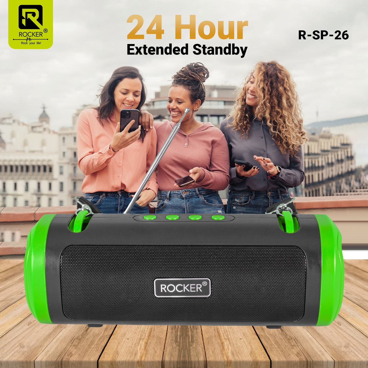 Rocker RSP-26 Bluetooth Wireless Speaker with 24-Hour Playtime, Fast Charging, TWS Function, USB, TF Card, FM Radio, and Solar Panel Charging - Portable Speaker for Indoor and Outdoor Use