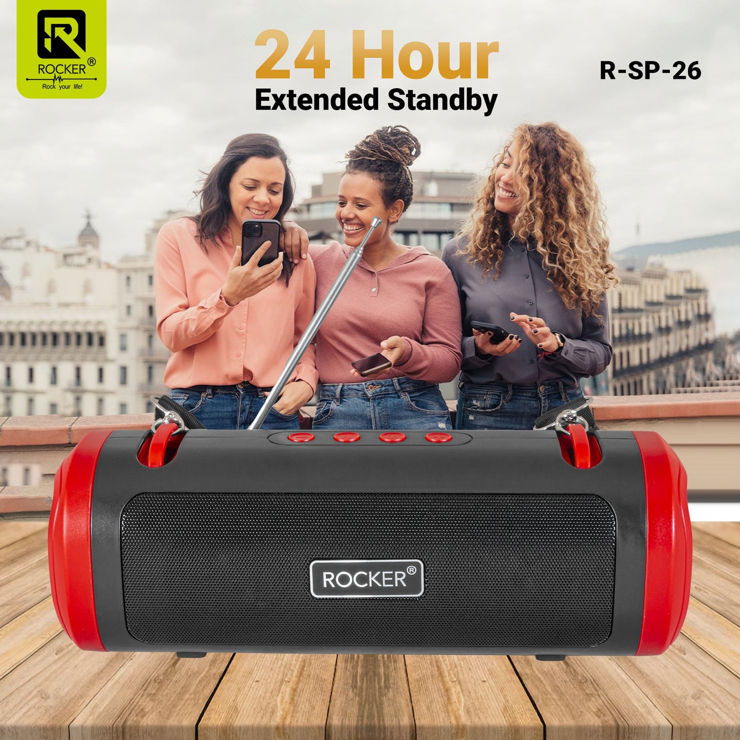 Rocker RSP-26 Bluetooth Wireless Speaker with 24-Hour Playtime, Fast Charging, TWS Function, USB, TF Card, FM Radio, and Solar Panel Charging - Portable Speaker for Indoor and Outdoor Use