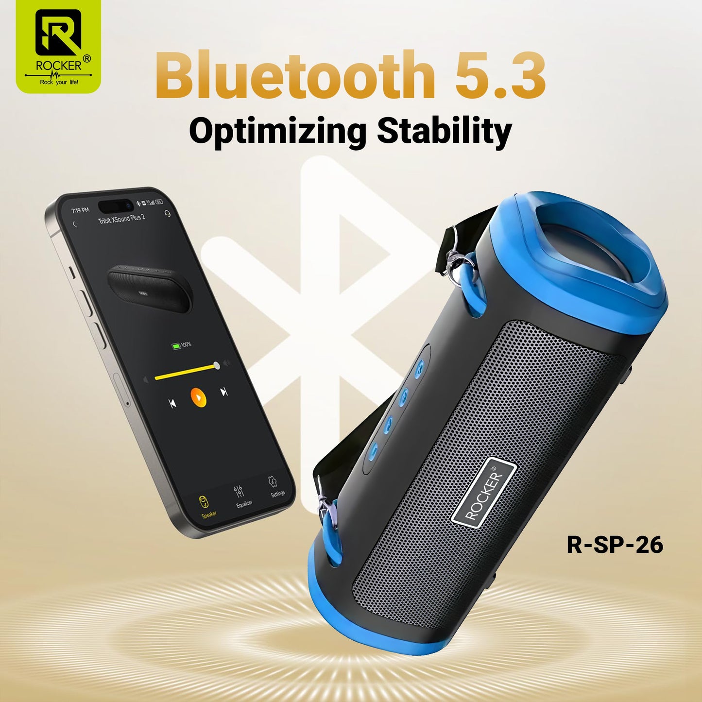 Rocker RSP-26 Bluetooth Wireless Speaker with 24-Hour Playtime, Fast Charging, TWS Function, USB, TF Card, FM Radio, and Solar Panel Charging - Portable Speaker for Indoor and Outdoor Use