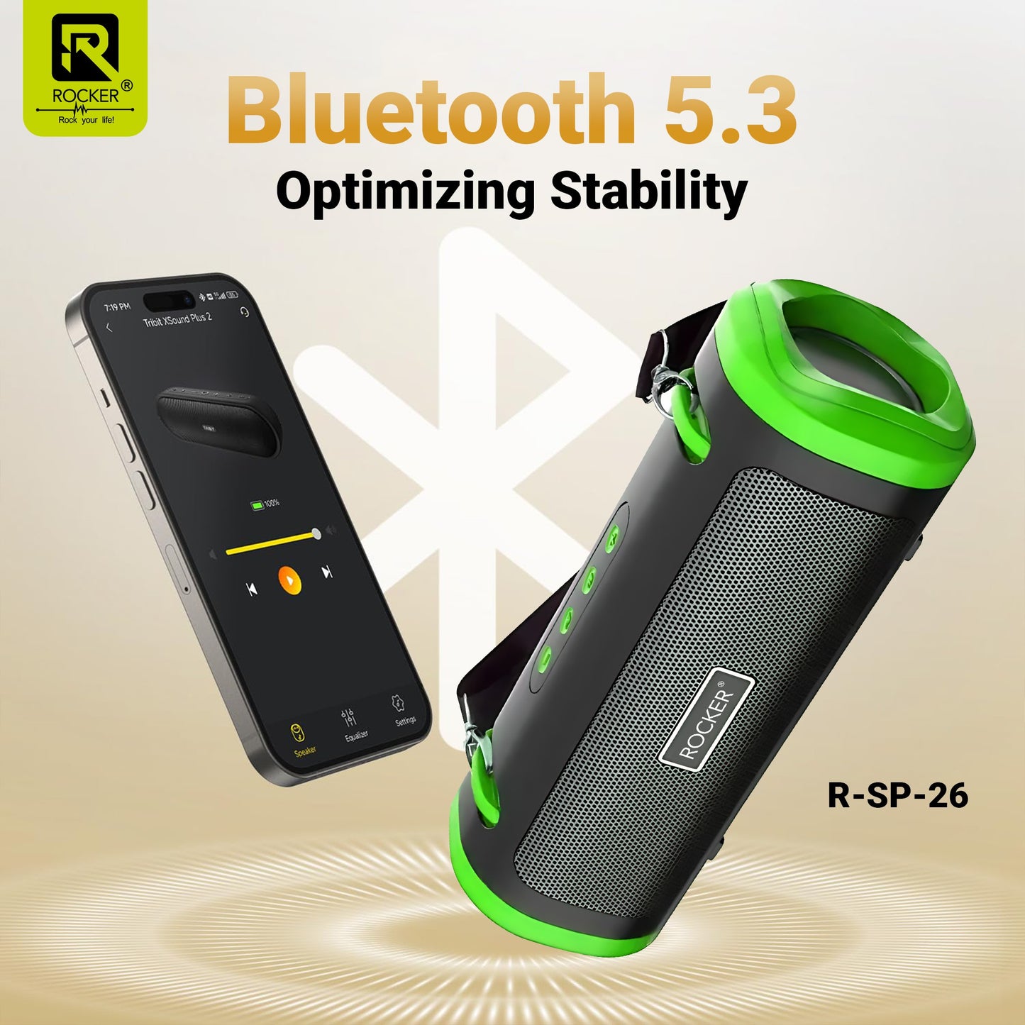 Rocker RSP-26 Bluetooth Wireless Speaker with 24-Hour Playtime, Fast Charging, TWS Function, USB, TF Card, FM Radio, and Solar Panel Charging - Portable Speaker for Indoor and Outdoor Use