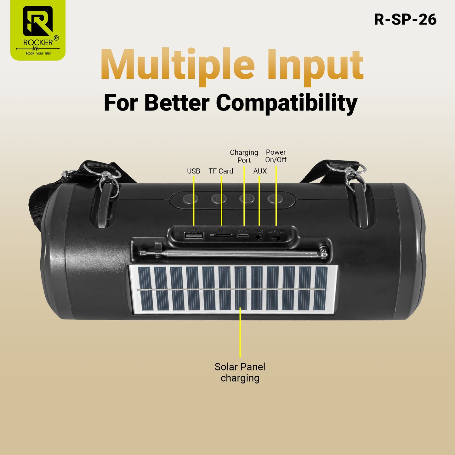 Rocker RSP-26 Bluetooth Wireless Speaker with 24-Hour Playtime, Fast Charging, TWS Function, USB, TF Card, FM Radio, and Solar Panel Charging - Portable Speaker for Indoor and Outdoor Use
