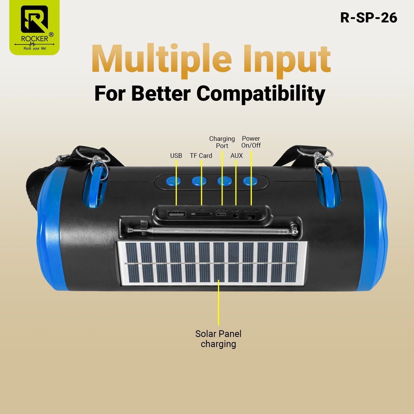 Rocker RSP-26 Bluetooth Wireless Speaker with 24-Hour Playtime, Fast Charging, TWS Function, USB, TF Card, FM Radio, and Solar Panel Charging - Portable Speaker for Indoor and Outdoor Use
