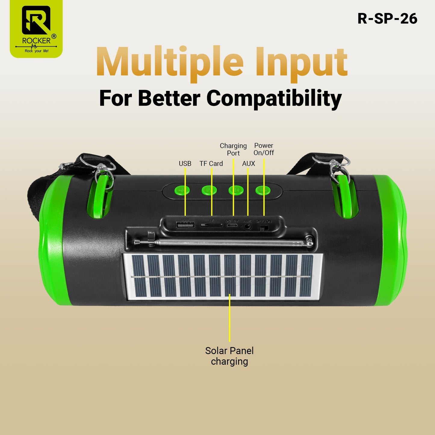 Rocker RSP-26 Bluetooth Wireless Speaker with 24-Hour Playtime, Fast Charging, TWS Function, USB, TF Card, FM Radio, and Solar Panel Charging - Portable Speaker for Indoor and Outdoor Use