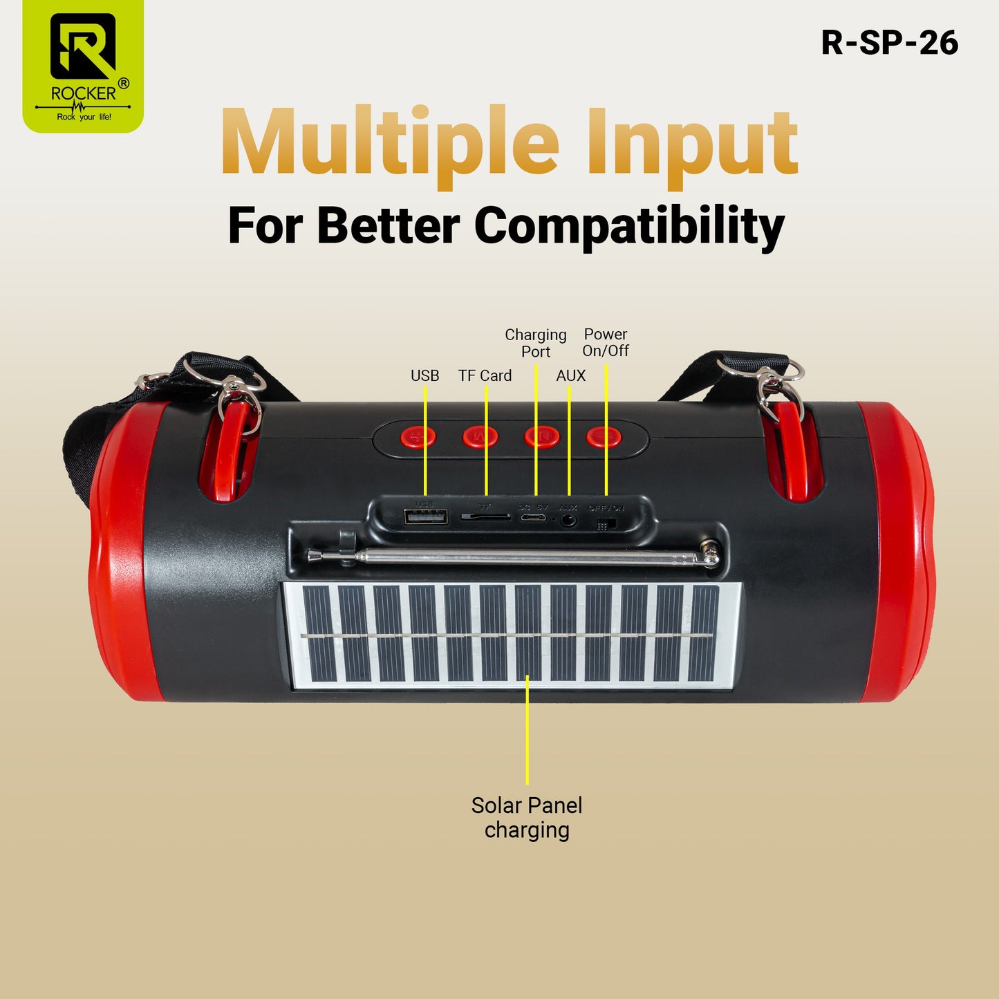 Rocker RSP-26 Bluetooth Wireless Speaker with 24-Hour Playtime, Fast Charging, TWS Function, USB, TF Card, FM Radio, and Solar Panel Charging - Portable Speaker for Indoor and Outdoor Use