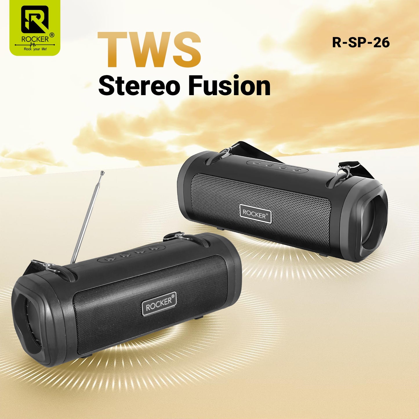 Rocker RSP-26 Bluetooth Wireless Speaker with 24-Hour Playtime, Fast Charging, TWS Function, USB, TF Card, FM Radio, and Solar Panel Charging - Portable Speaker for Indoor and Outdoor Use