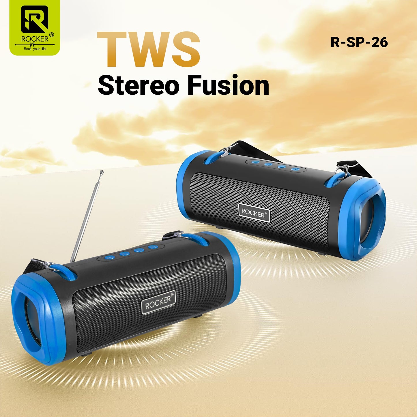 Rocker RSP-26 Bluetooth Wireless Speaker with 24-Hour Playtime, Fast Charging, TWS Function, USB, TF Card, FM Radio, and Solar Panel Charging - Portable Speaker for Indoor and Outdoor Use
