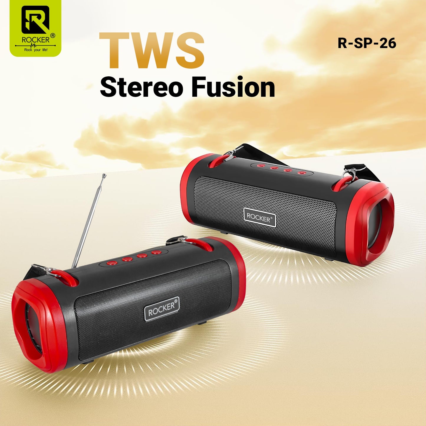 Rocker RSP-26 Bluetooth Wireless Speaker with 24-Hour Playtime, Fast Charging, TWS Function, USB, TF Card, FM Radio, and Solar Panel Charging - Portable Speaker for Indoor and Outdoor Use