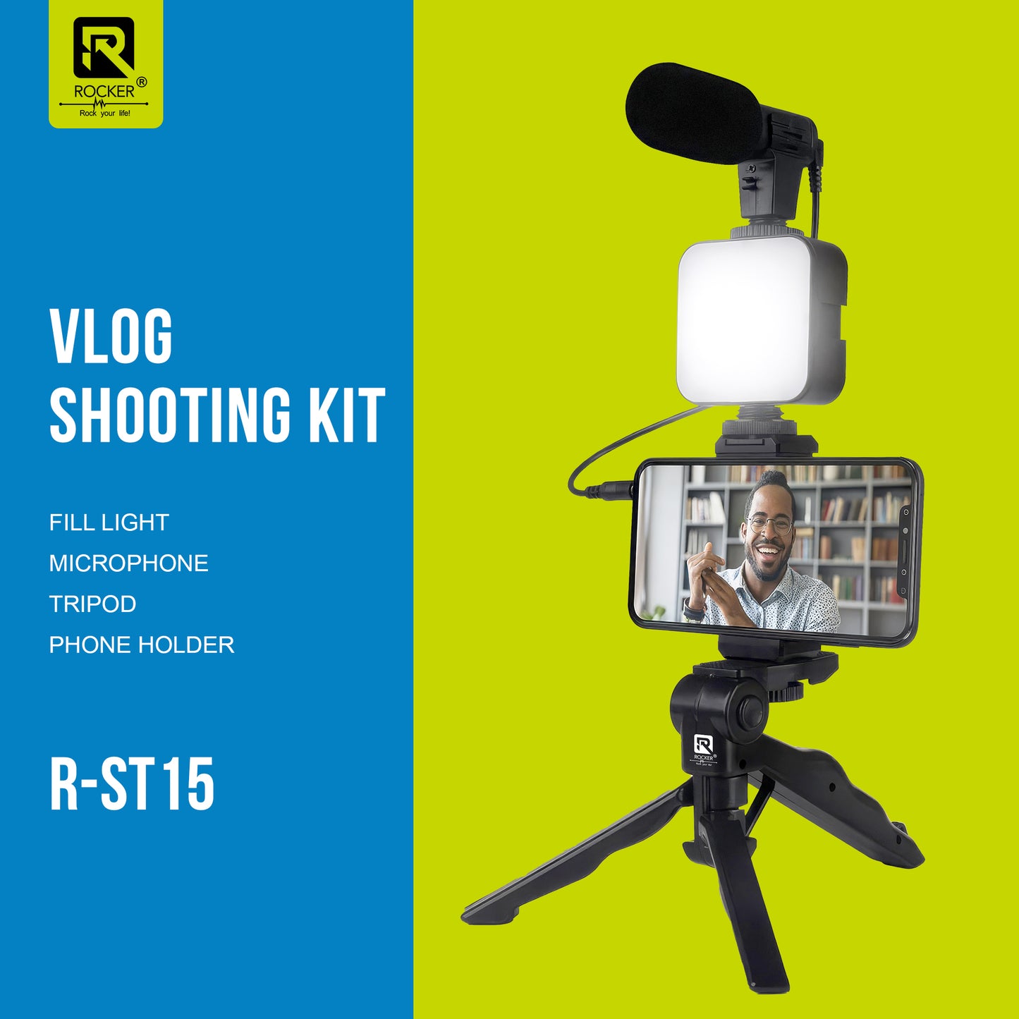 Rocker R-ST15 6-in-1 Vlogging Kit – Tripod, Mini LED Light & Shotgun Microphone for YouTube, Instagram, Live Streaming & Video Recording