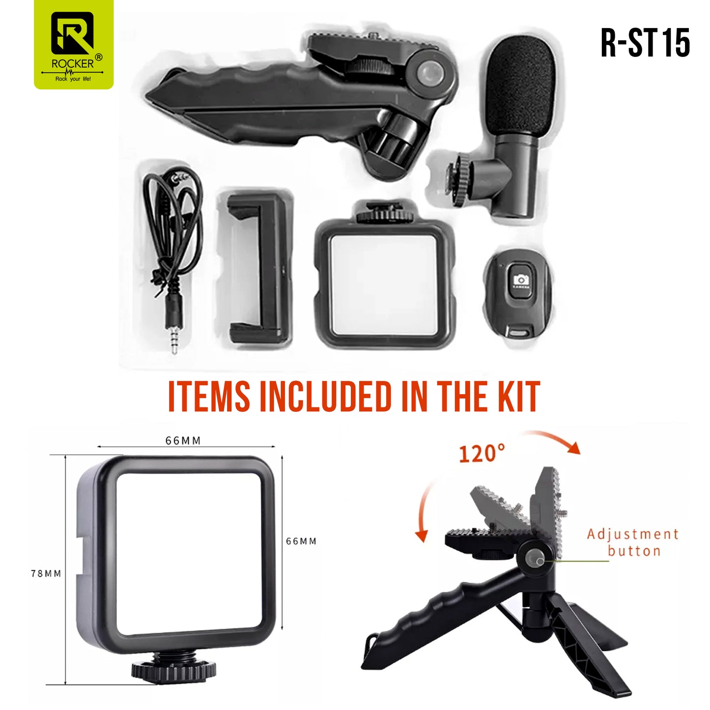 Rocker R-ST15 6-in-1 Vlogging Kit – Tripod, Mini LED Light & Shotgun Microphone for YouTube, Instagram, Live Streaming & Video Recording