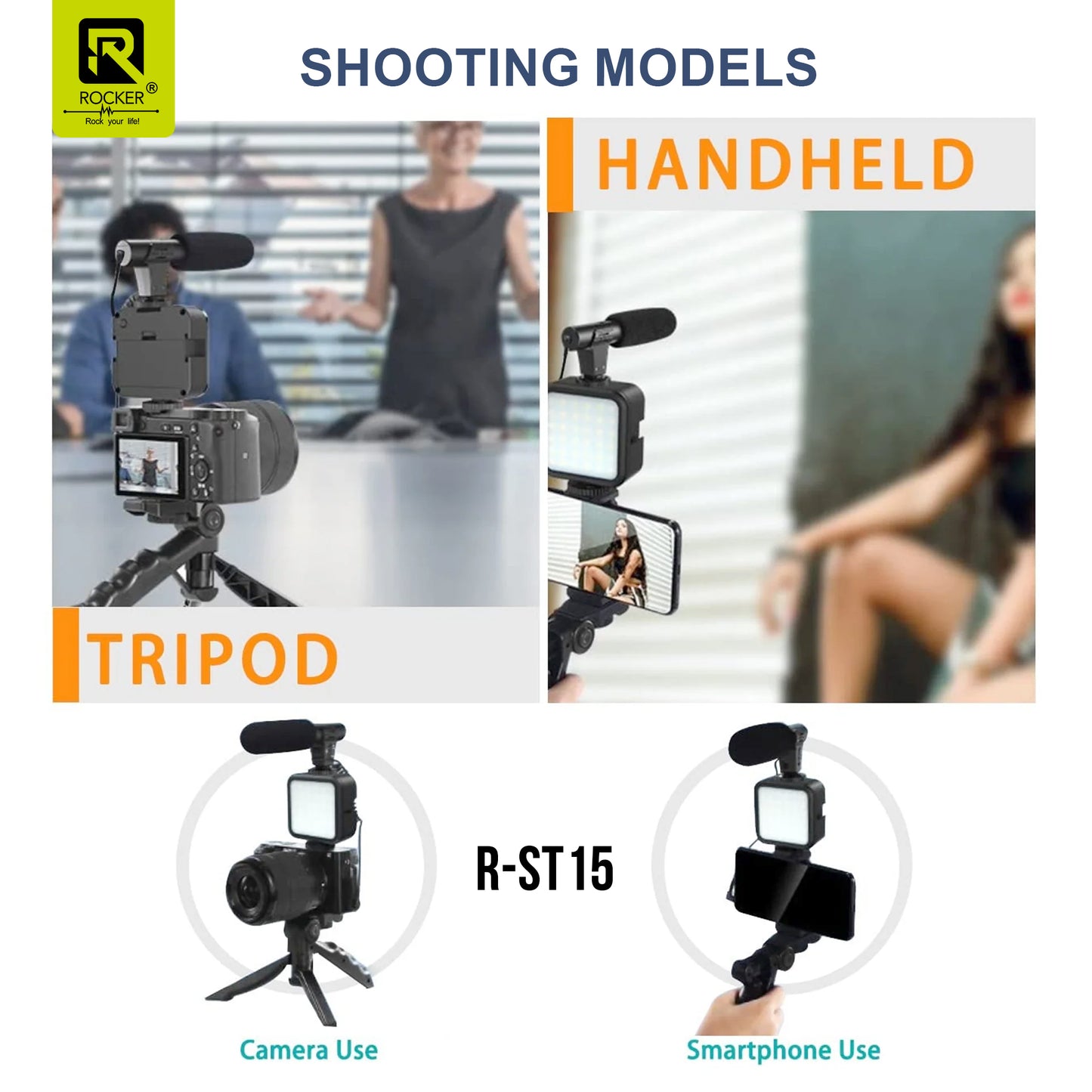 Rocker R-ST15 6-in-1 Vlogging Kit – Tripod, Mini LED Light & Shotgun Microphone for YouTube, Instagram, Live Streaming & Video Recording