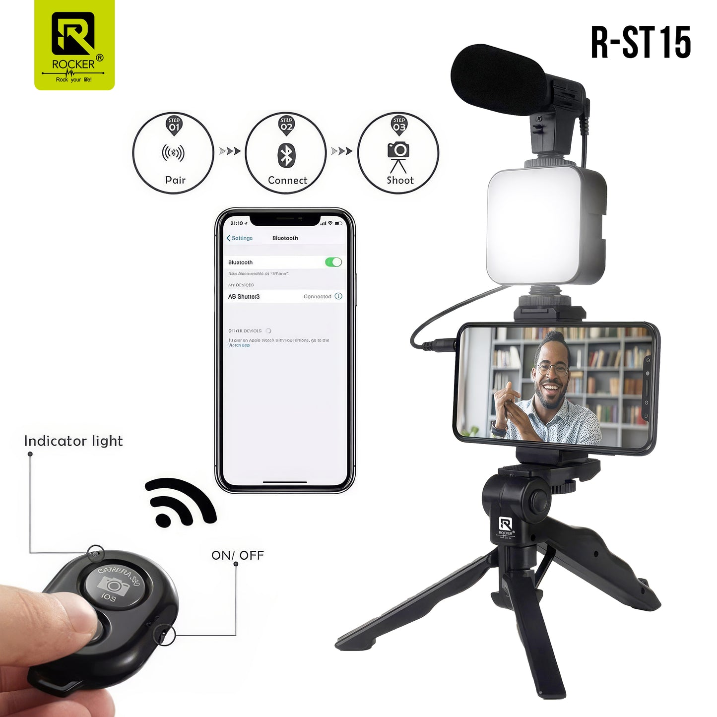 Rocker R-ST15 6-in-1 Vlogging Kit – Tripod, Mini LED Light & Shotgun Microphone for YouTube, Instagram, Live Streaming & Video Recording
