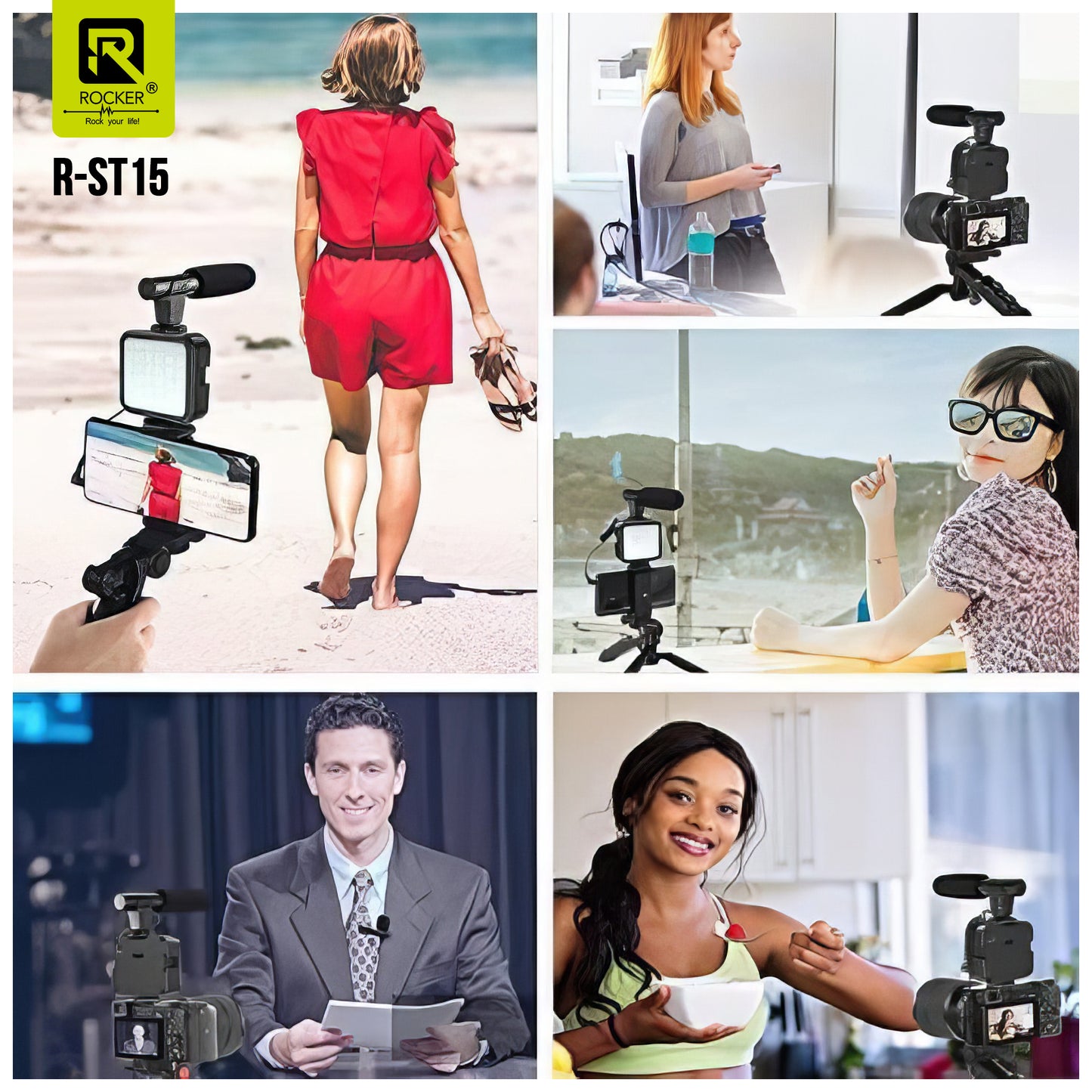 Rocker R-ST15 6-in-1 Vlogging Kit – Tripod, Mini LED Light & Shotgun Microphone for YouTube, Instagram, Live Streaming & Video Recording