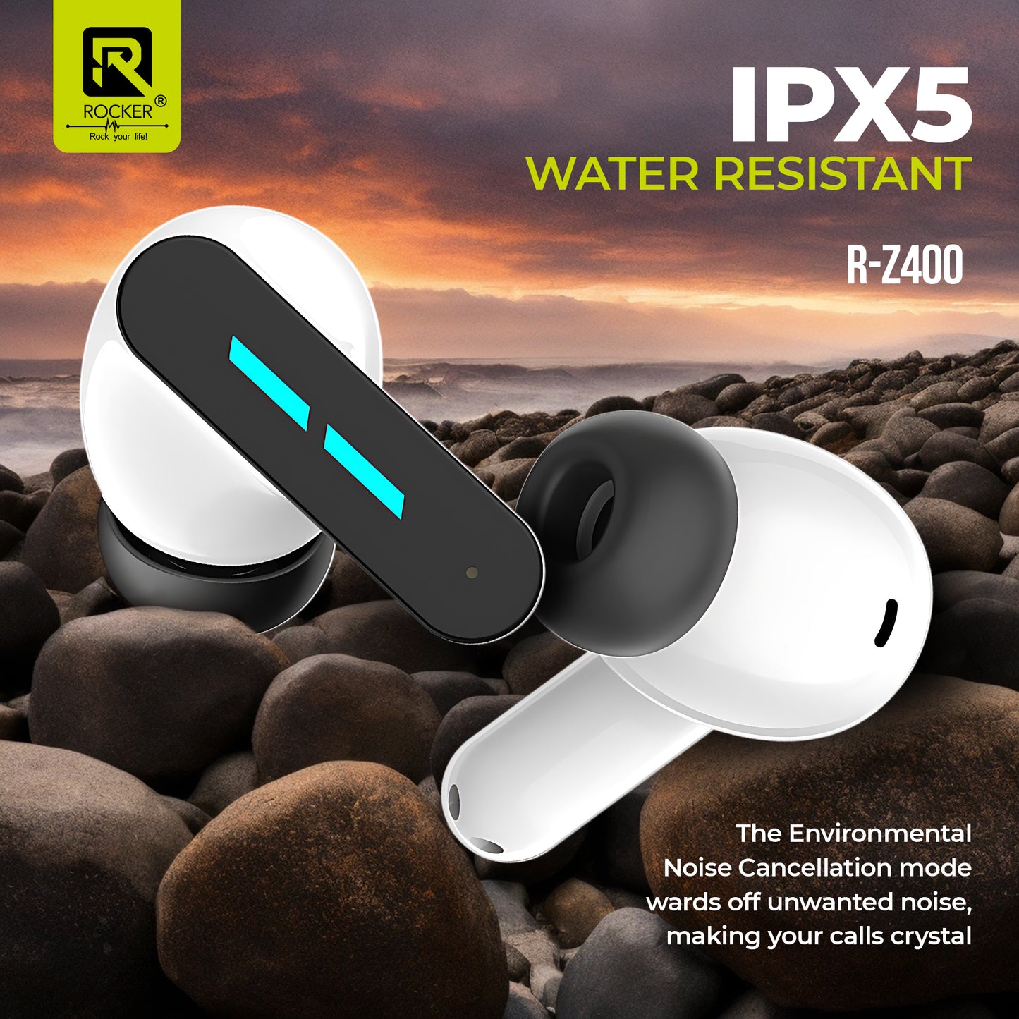 Rocker R-Z400 ENC AirPods - HiFi Sound Noise Cancellation Wireless Earbuds for Sports Bluetooth V5.3 IPX4 Waterproof Long Battery Life