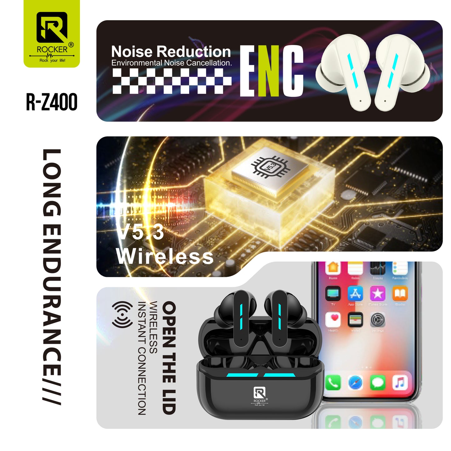 Rocker R-Z400 ENC AirPods - HiFi Sound Noise Cancellation Wireless Earbuds for Sports Bluetooth V5.3 IPX4 Waterproof Long Battery Life