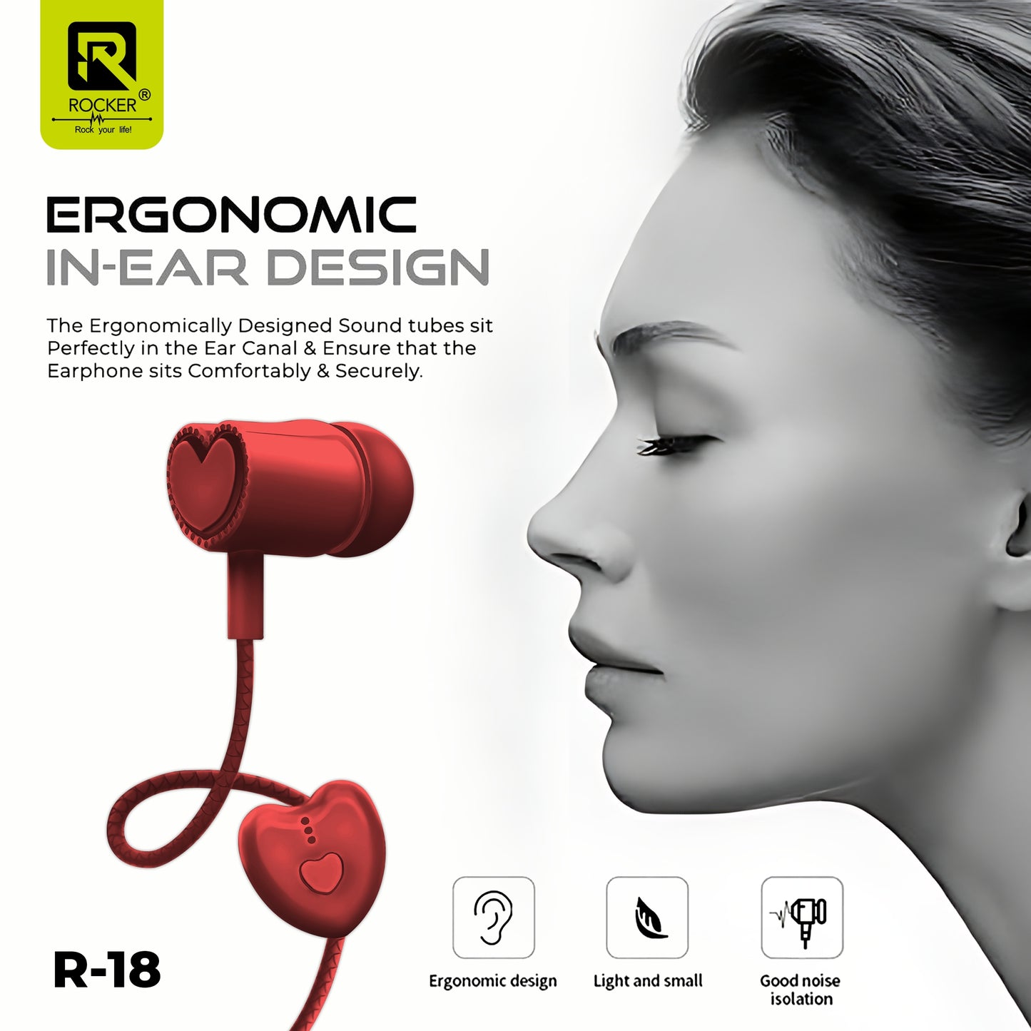 Rocker R-18 Wired Earphones for Girls with Mic – Heart Shape Design, Premium Bass, Comfortable Fit