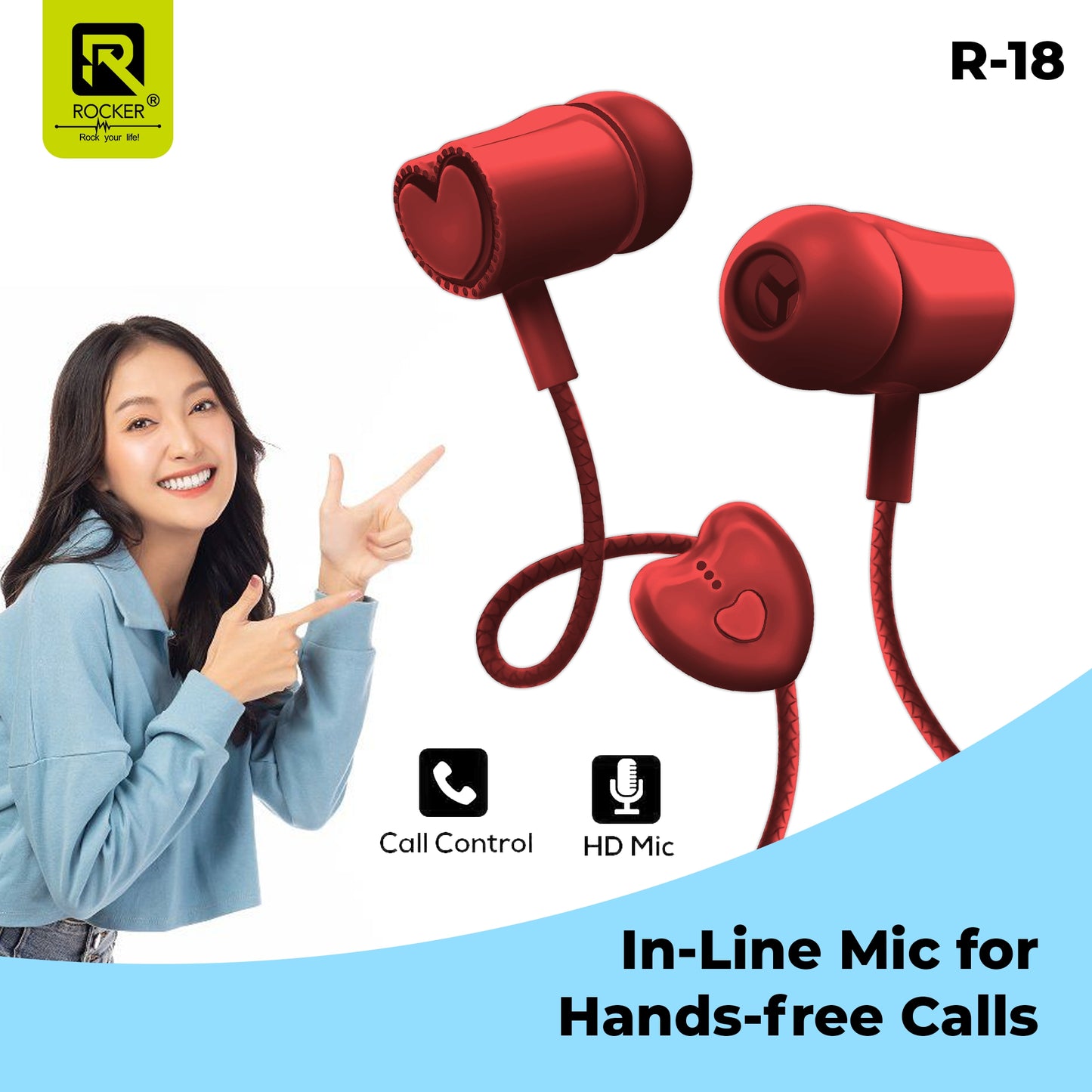 Rocker R-18 Wired Earphones for Girls with Mic – Heart Shape Design, Premium Bass, Comfortable Fit