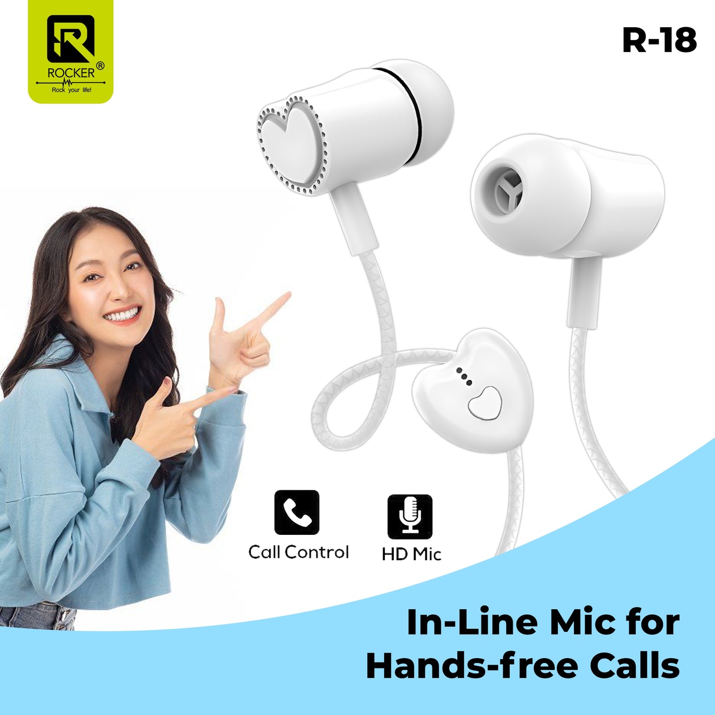 Rocker R-18 Wired Earphones for Girls with Mic – Heart Shape Design, Premium Bass, Comfortable Fit