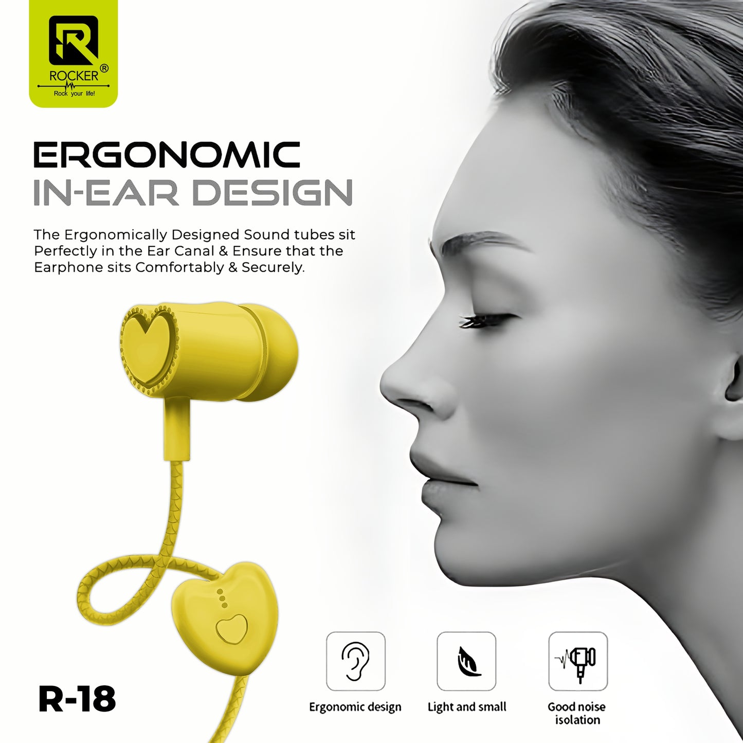 Rocker R-18 Wired Earphones for Girls with Mic – Heart Shape Design, Premium Bass, Comfortable Fit