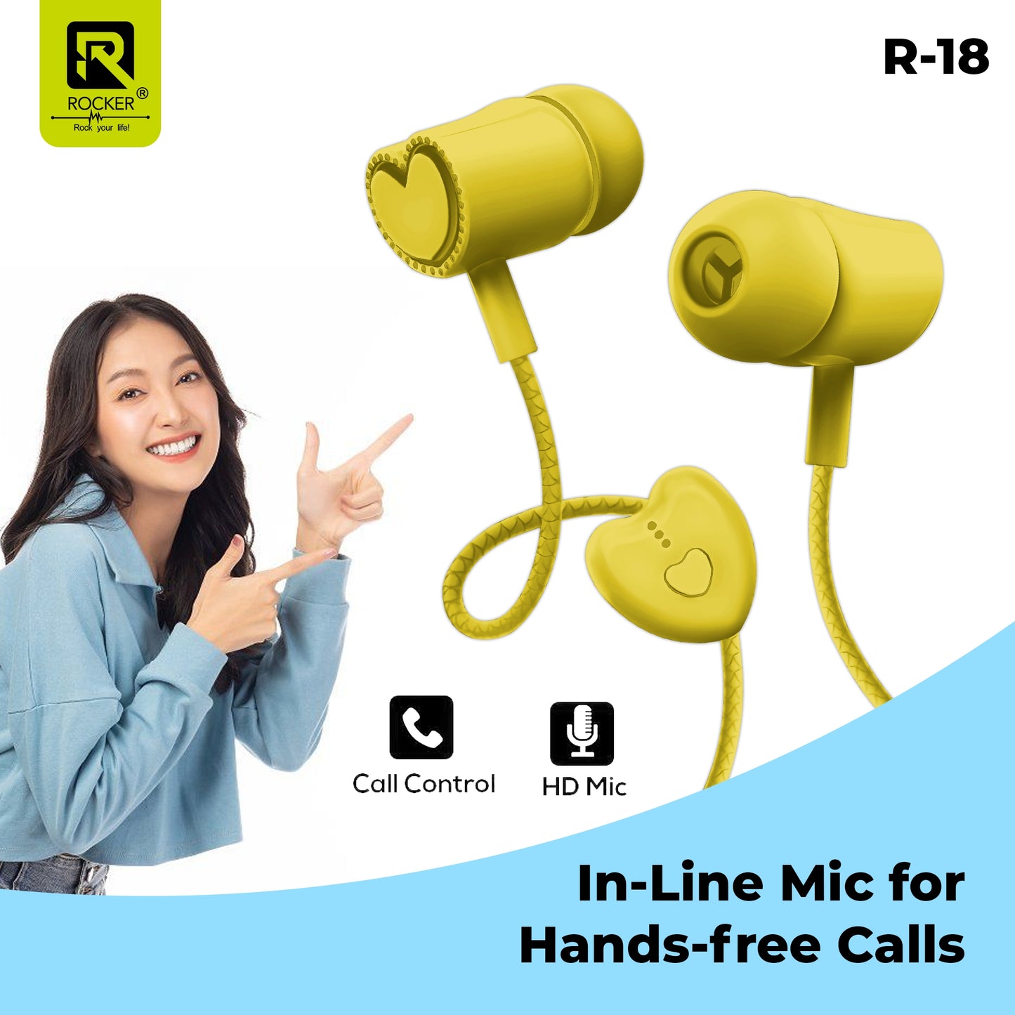 Rocker R-18 Wired Earphones for Girls with Mic – Heart Shape Design, Premium Bass, Comfortable Fit