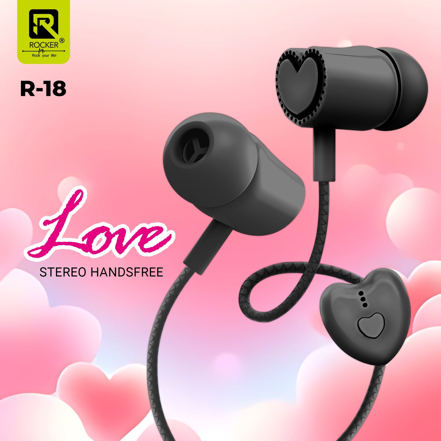 Rocker R-18 Wired Earphones for Girls with Mic – Heart Shape Design, Premium Bass, Comfortable Fit