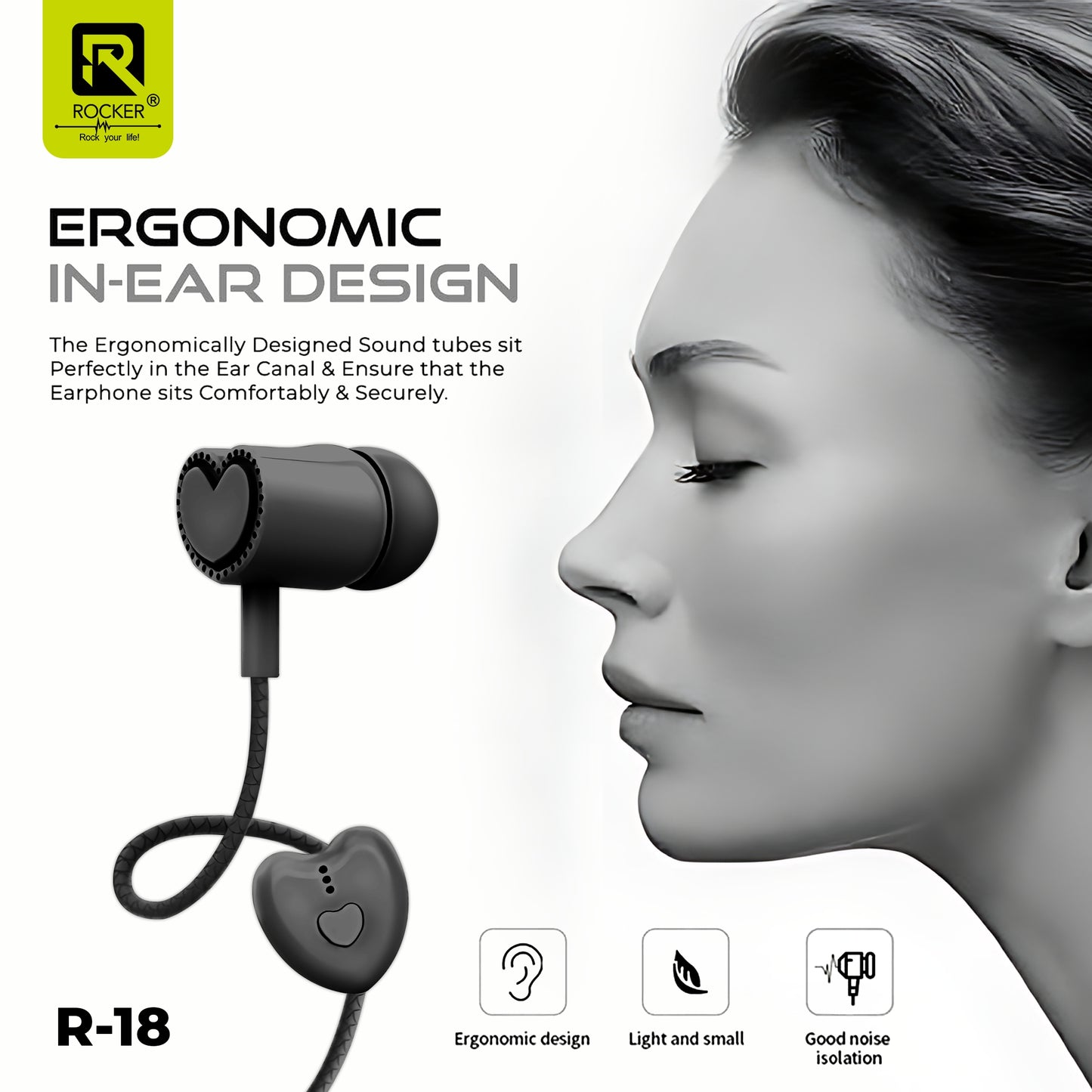 Rocker R-18 Wired Earphones for Girls with Mic – Heart Shape Design, Premium Bass, Comfortable Fit