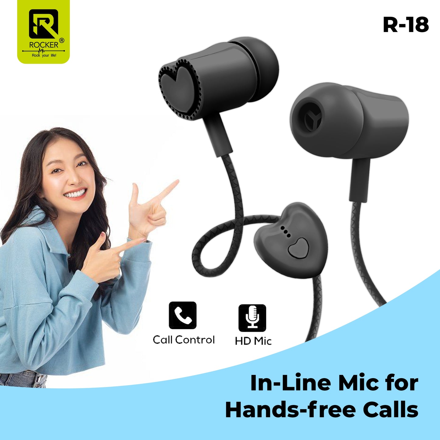 Rocker R-18 Wired Earphones for Girls with Mic – Heart Shape Design, Premium Bass, Comfortable Fit