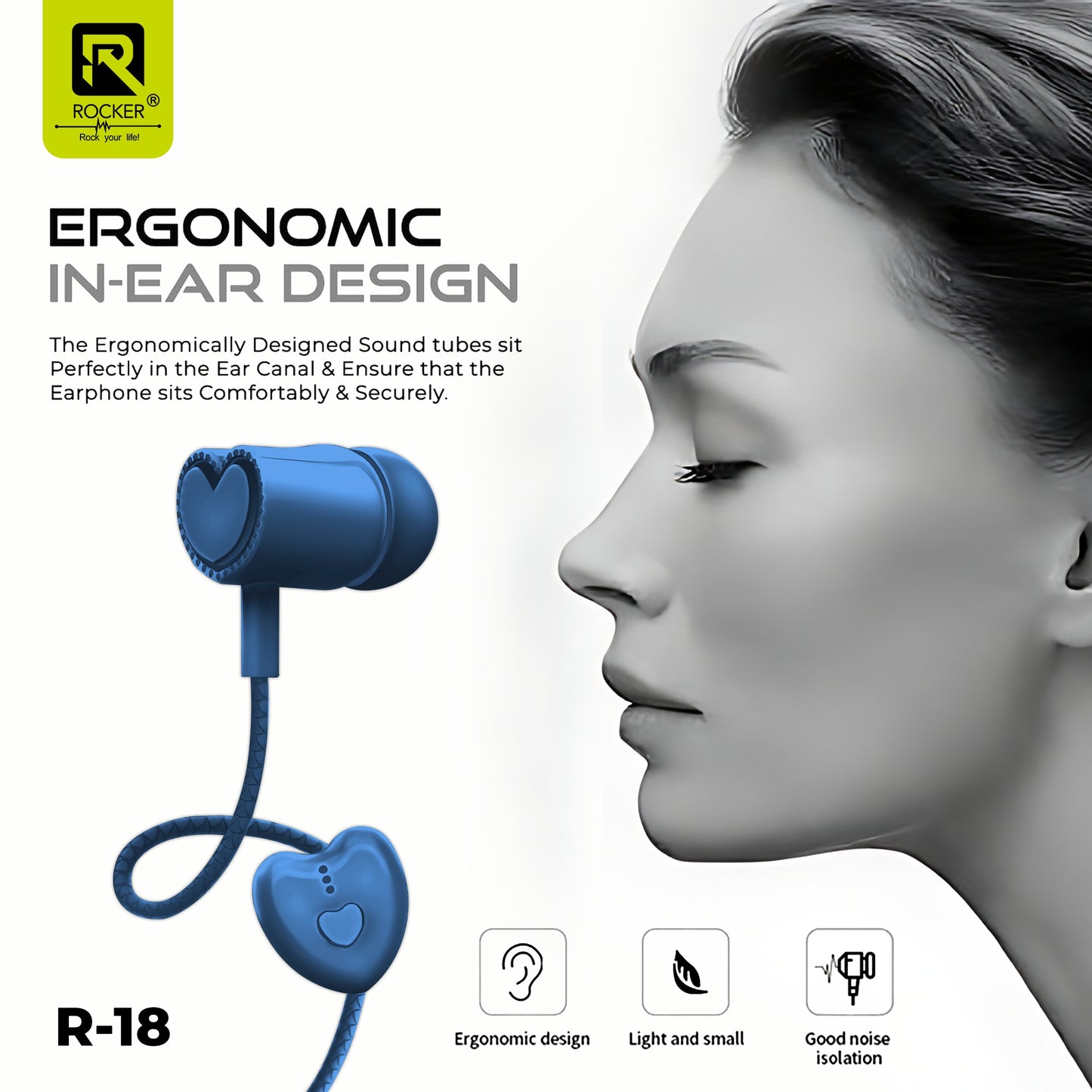 Rocker R-18 Wired Earphones for Girls with Mic – Heart Shape Design, Premium Bass, Comfortable Fit