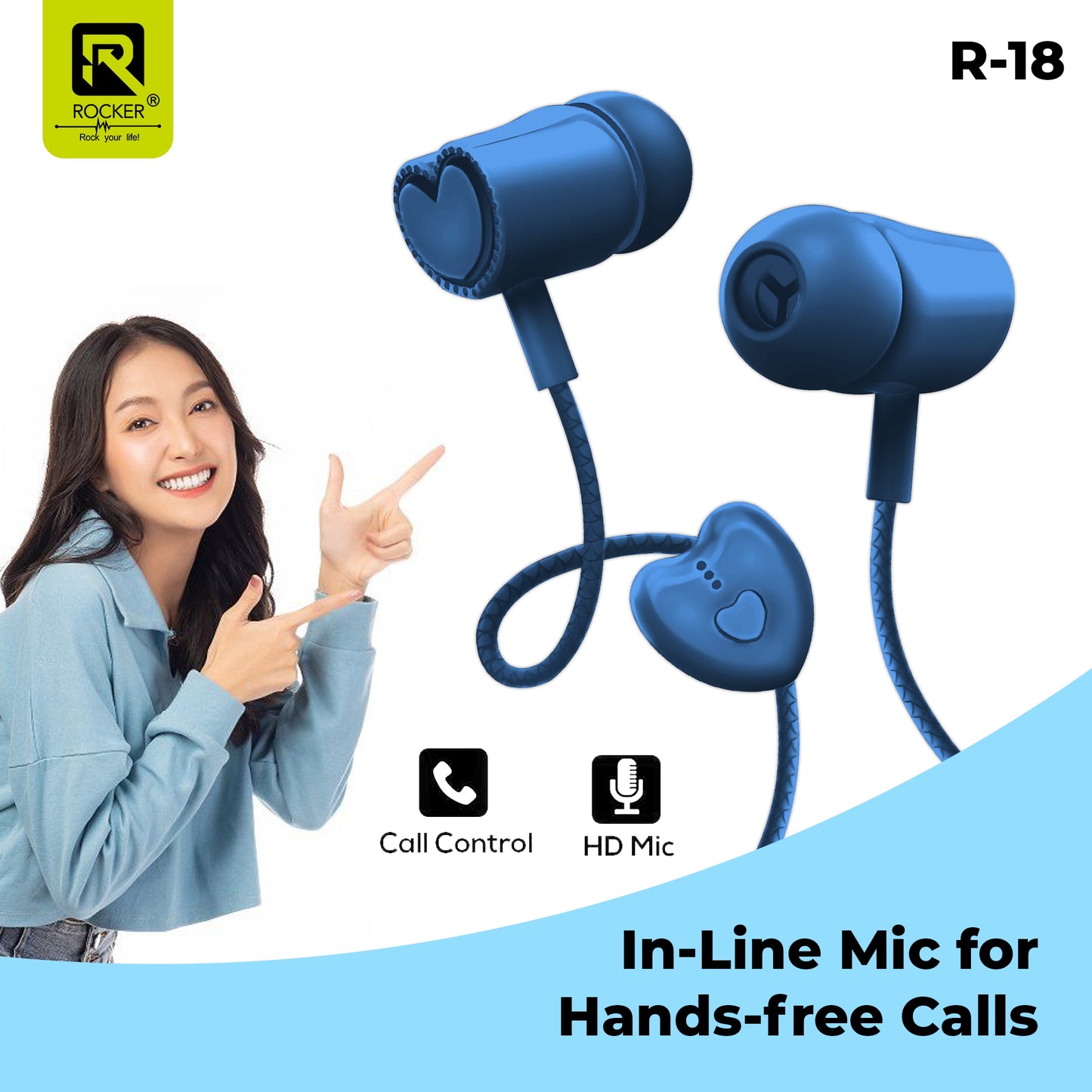 Rocker R-18 Wired Earphones for Girls with Mic – Heart Shape Design, Premium Bass, Comfortable Fit