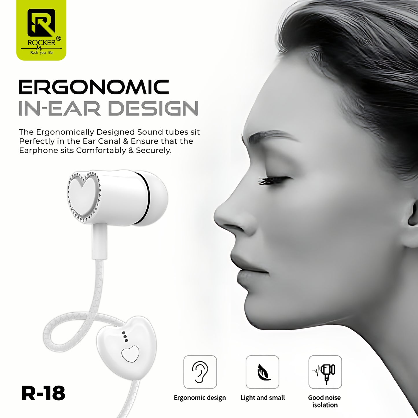Rocker R-18 Wired Earphones for Girls with Mic – Heart Shape Design, Premium Bass, Comfortable Fit