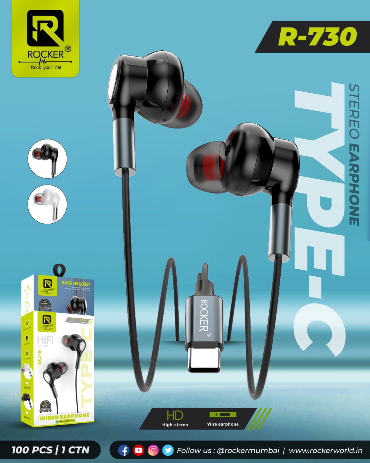 Buy ROCKER R-730 Type-C Wired Earphones – Hi-Fi Sound, Magnetic Earbuds, Noise Isolation, In-Line Mic & Volume Control