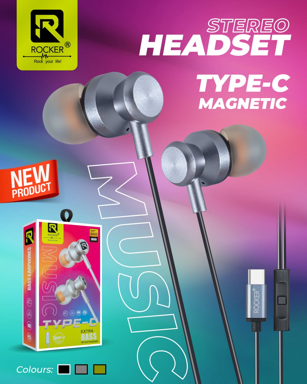 Buy Rocker R-722 Type-C Wired Earphones – Extra Bass, Noise Cancellation, Hi-Fi Stereo, Magnetic Design, 130CM Durable Cable