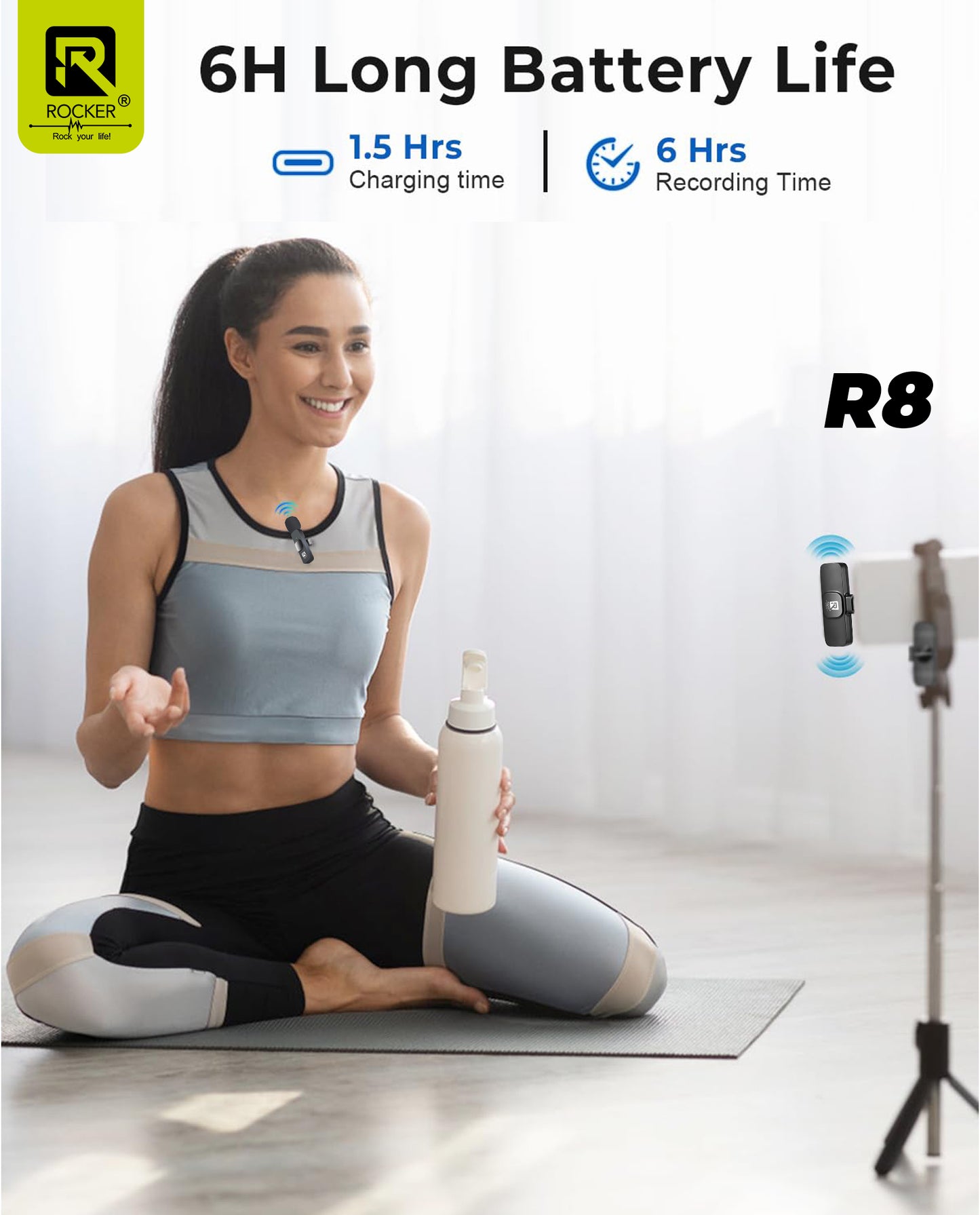 Rocker Creator Kit Combo – R8 Wireless Mic + R-S17 Selfie Stick Tripod | iPhone, Android, YouTube, Reels & Vlogging Setup
