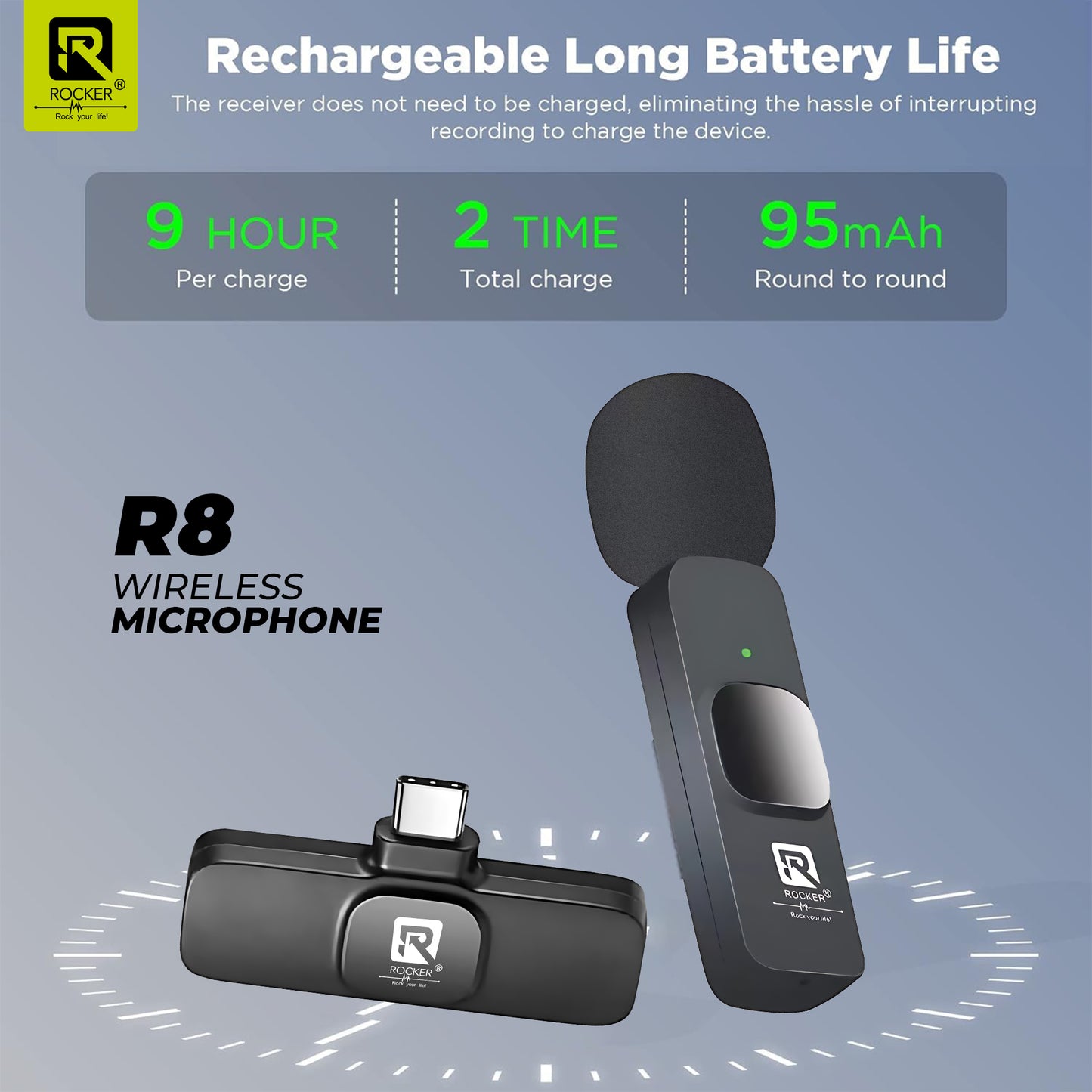 Rocker Creator Kit Combo – R8 Wireless Mic + R-S17 Selfie Stick Tripod | iPhone, Android, YouTube, Reels & Vlogging Setup