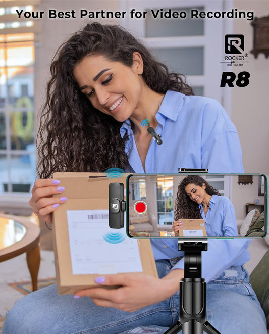Rocker R8 Noise Cancellation Wireless Microphone, 20m Range Type C & Lightning, Plug & Play, Lapel Mic for Video Recording, Supports Type C Android, iPhone & Camera, Ideal for Content Creators