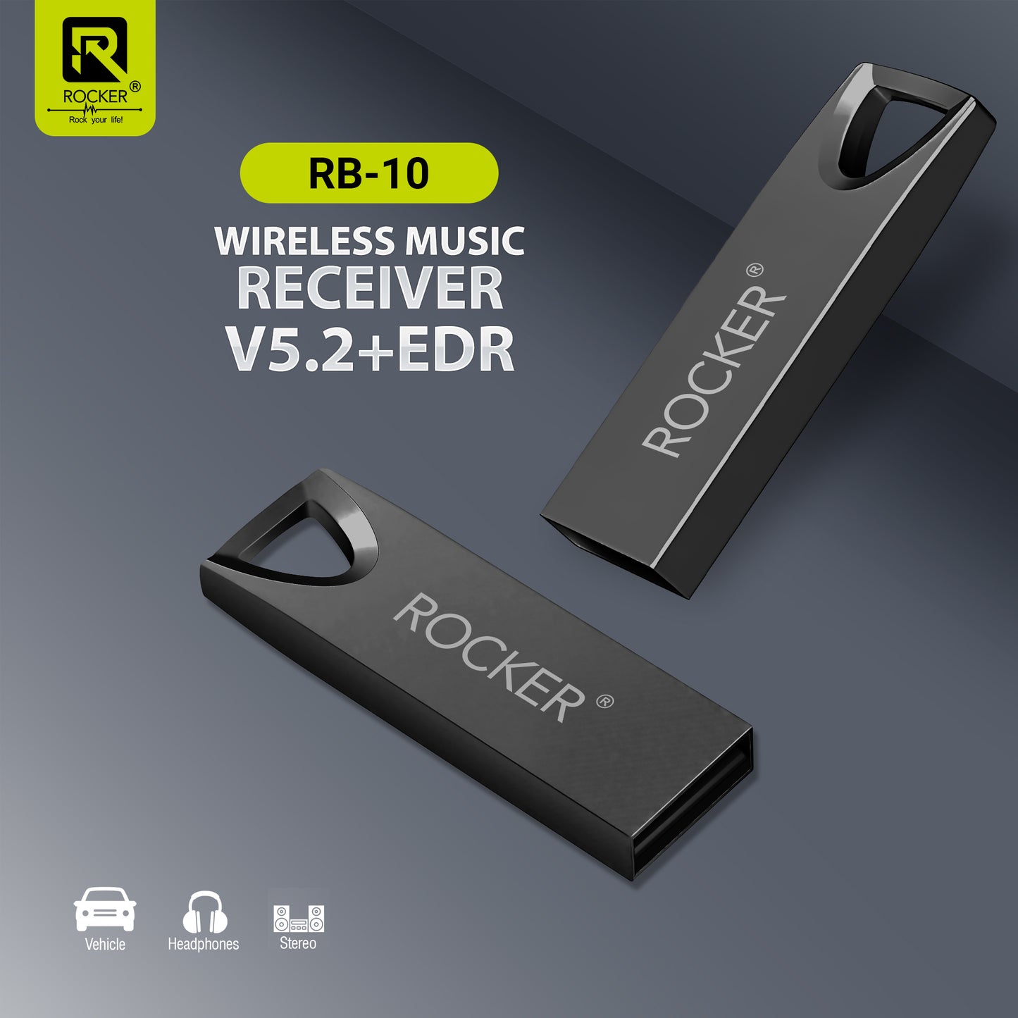 Rocker RB-10 V5.2+EDR Wireless Music Receiver – Bluetooth Audio Adapter with USB Output for Car, Speakers, and Home Systems