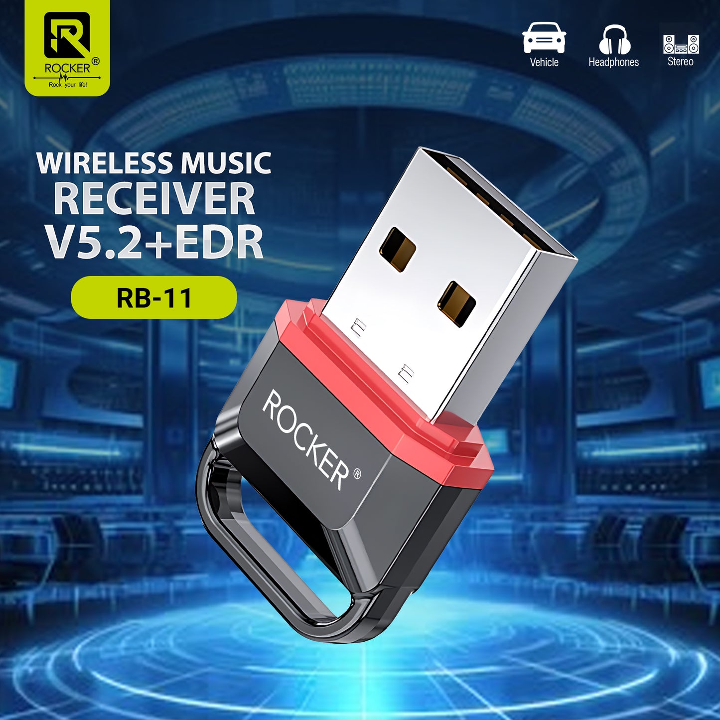 Rocker RB-11 V5.2+EDR Wireless Music Receiver – USB & AUX Audio Adapter for Car, Speakers, and Home Systems