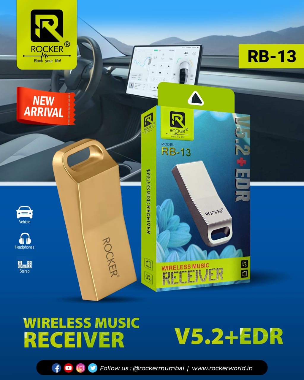 Rocker RB-13 V5.2+EDR Wireless Music Receiver – Plug & Play Bluetooth Audio Adapter for Home & Car