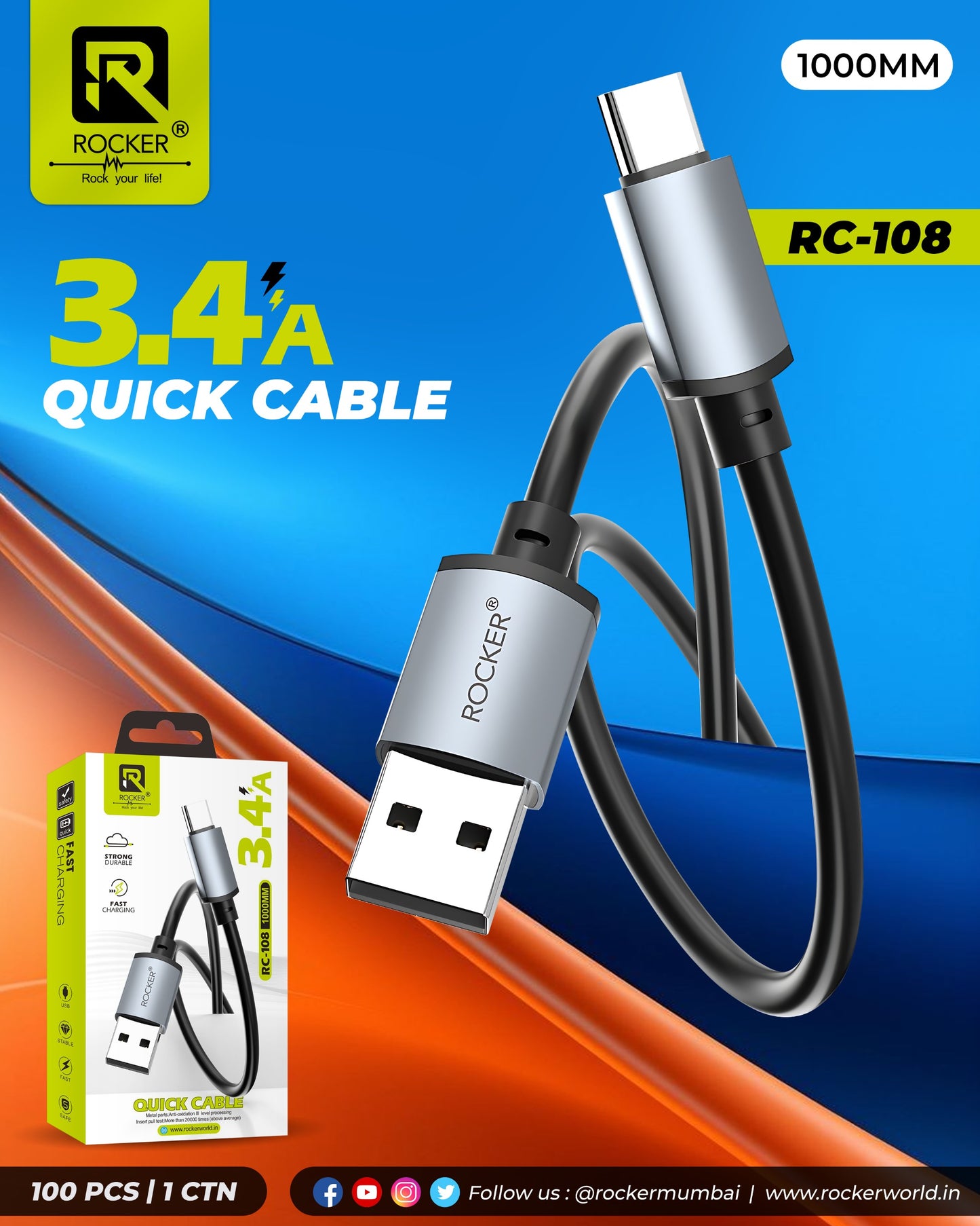 ROCKER RC-108 | Durable 60W Fast Charging USB-A to Type-C Cable with PD Technology | 1.5M Silicone Data Cable for Smartphones, Laptops & Tablets