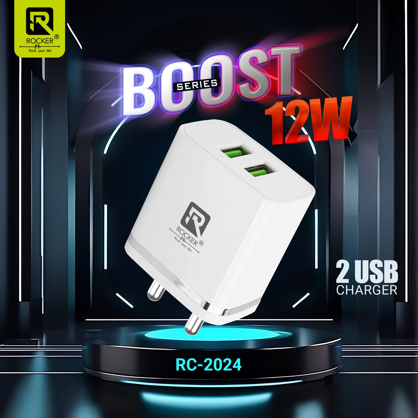 Rocker RC-2024 18W Dual USB Charger with Free Type-C/Micro USB Cable – Fast, Safe & Reliable Charging