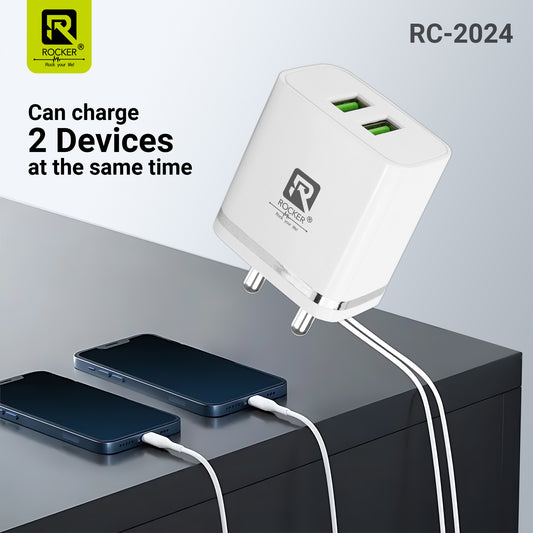 Rocker RC-2024 18W Dual USB Charger with Free Type-C/Micro USB Cable – Fast, Safe & Reliable Charging