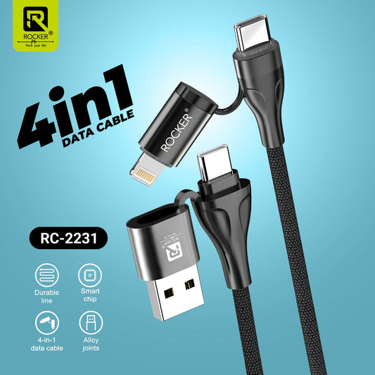 Rocker RC-2231 4-in-1 Fast Charging Data Cable | USB to Type-C, USB to Lightning, Type-C to Type-C, Type-C to Lightning | Durable Copper Core | 1000mm Length | Multi-Device Compatibility