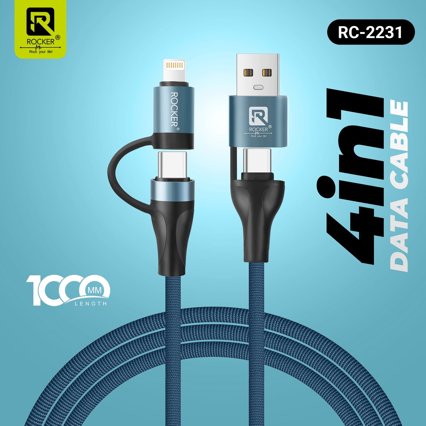 Rocker RC-2231 4-in-1 Fast Charging Data Cable | USB to Type-C, USB to Lightning, Type-C to Type-C, Type-C to Lightning | Durable Copper Core | 1000mm Length | Multi-Device Compatibility